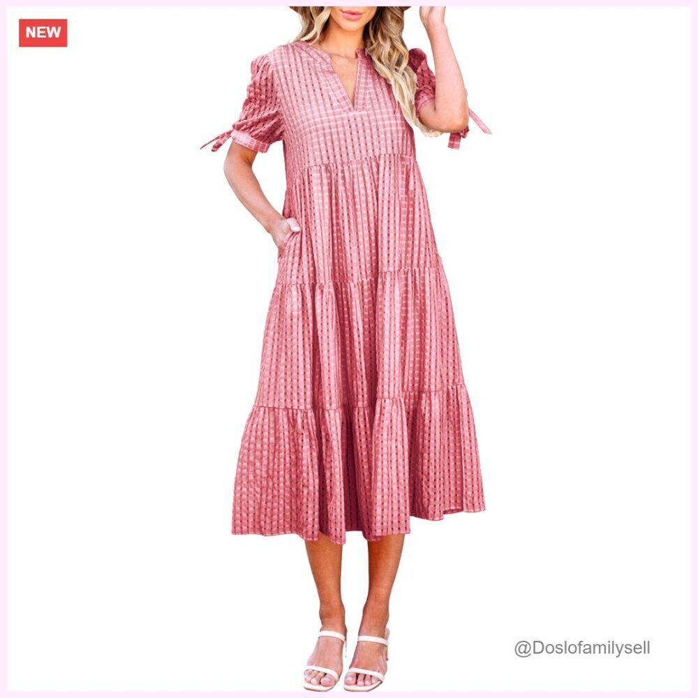 V Neck Short Sleeve Midi Pleated Tiered Loose Fit Summer Casual Dress